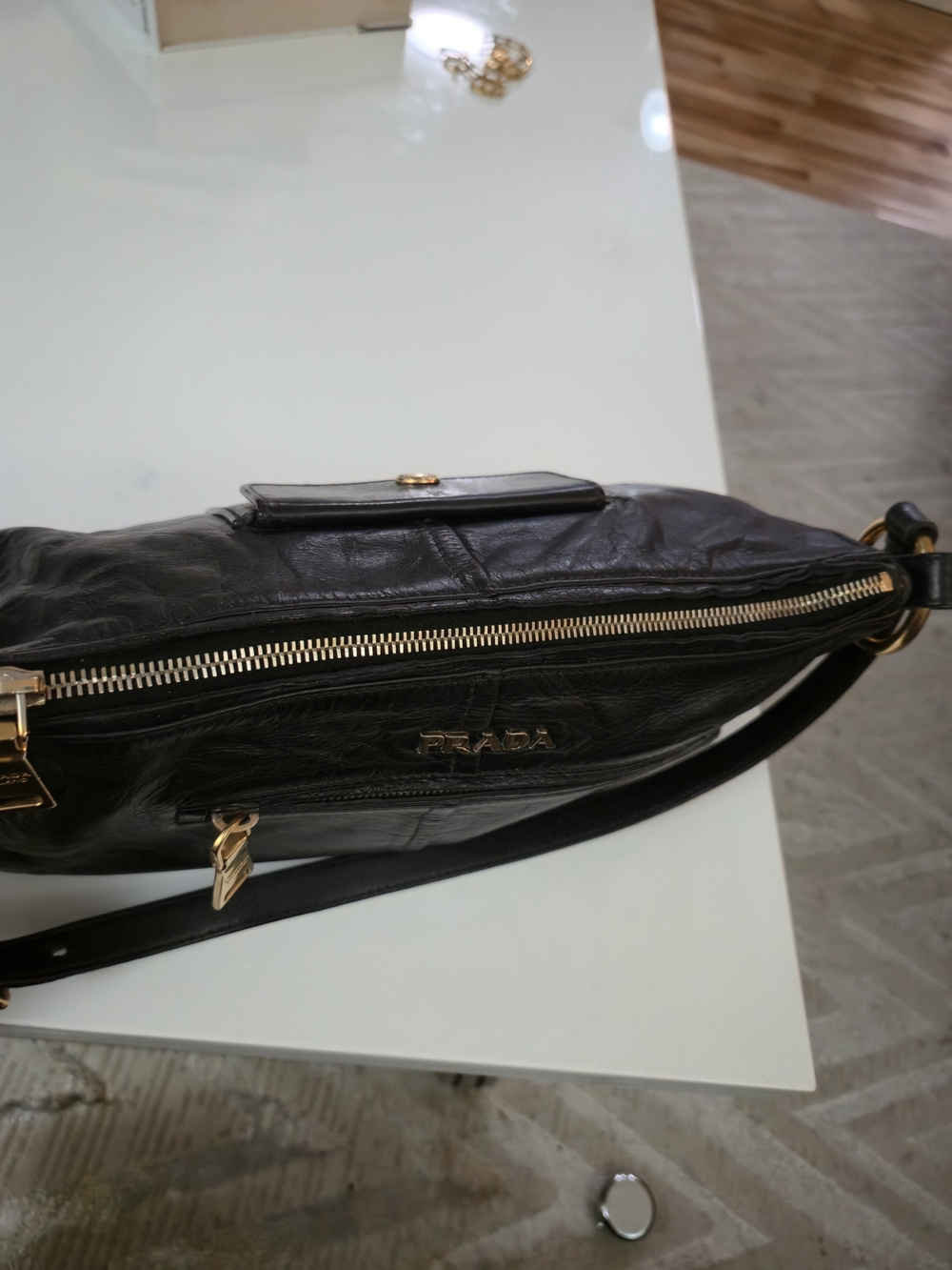 PRADA Dark Blue/Black Leather Shoulder Bag with Gold Hardware - Picture 11 of 17